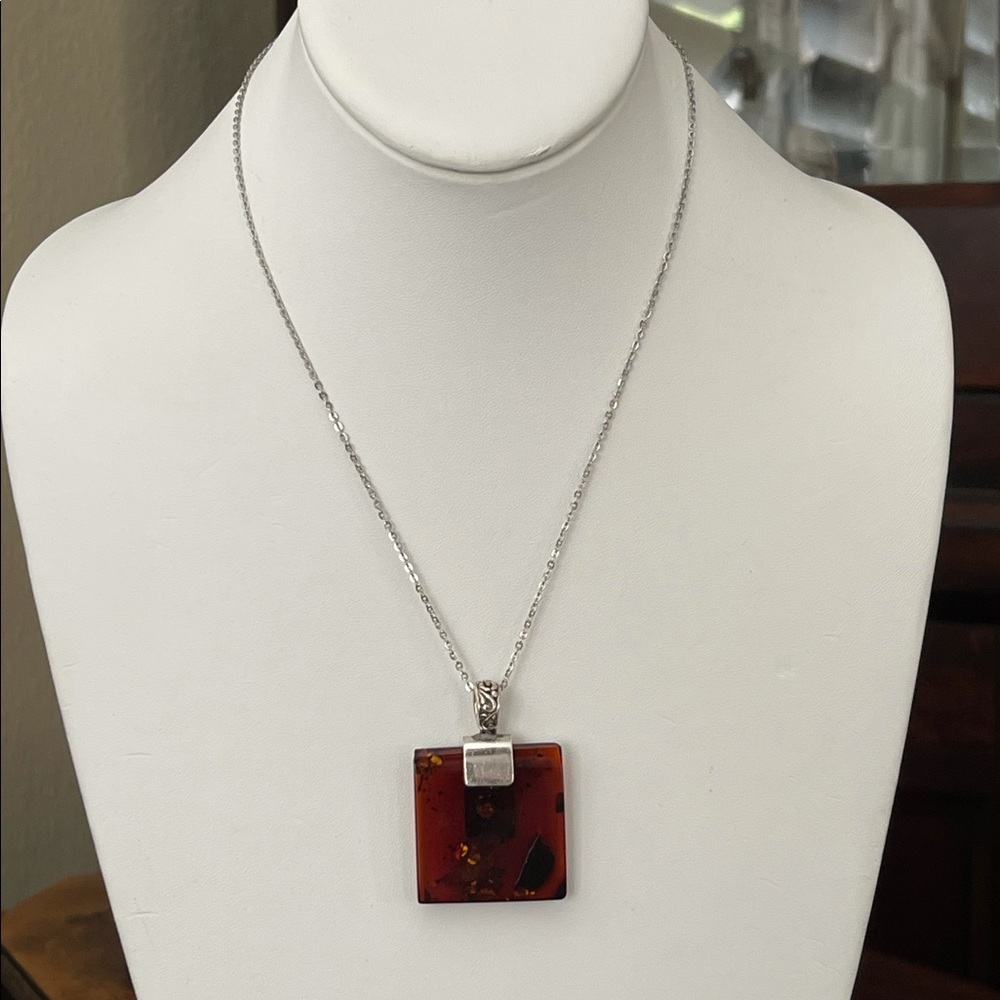 Natural cherry brown amber sterling artisan made pendant - Picture 2 of 16
